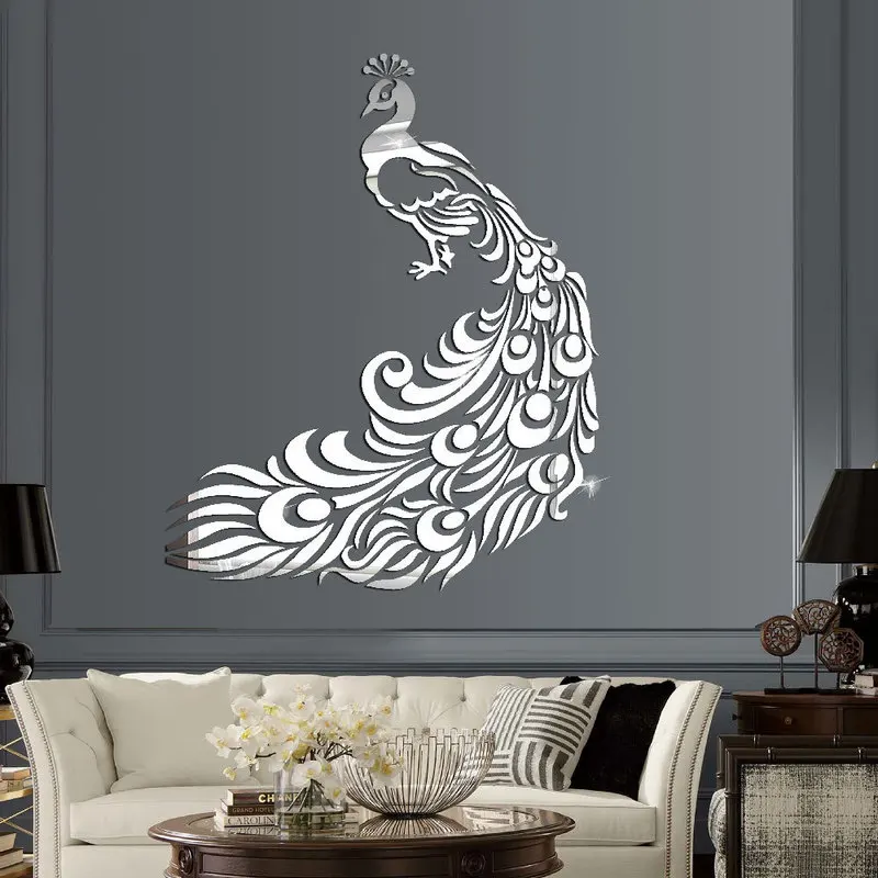 Peacock wall mirror stickers DIY Decorative painting self adhesive Acrylic 60X48CM for Home living room large Art Ornaments