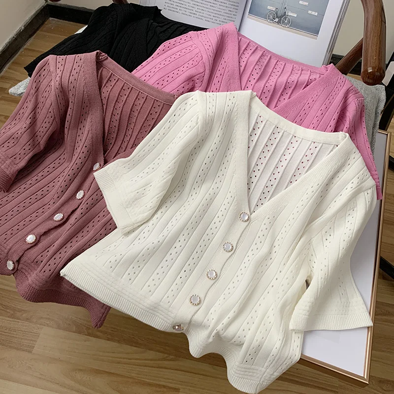 Thin Knitted Short Sleeve Cardigan Top Summer Women Hollow Out Casual Short Sleeve Cardigans Single-breasted T-shirts Crop Tops