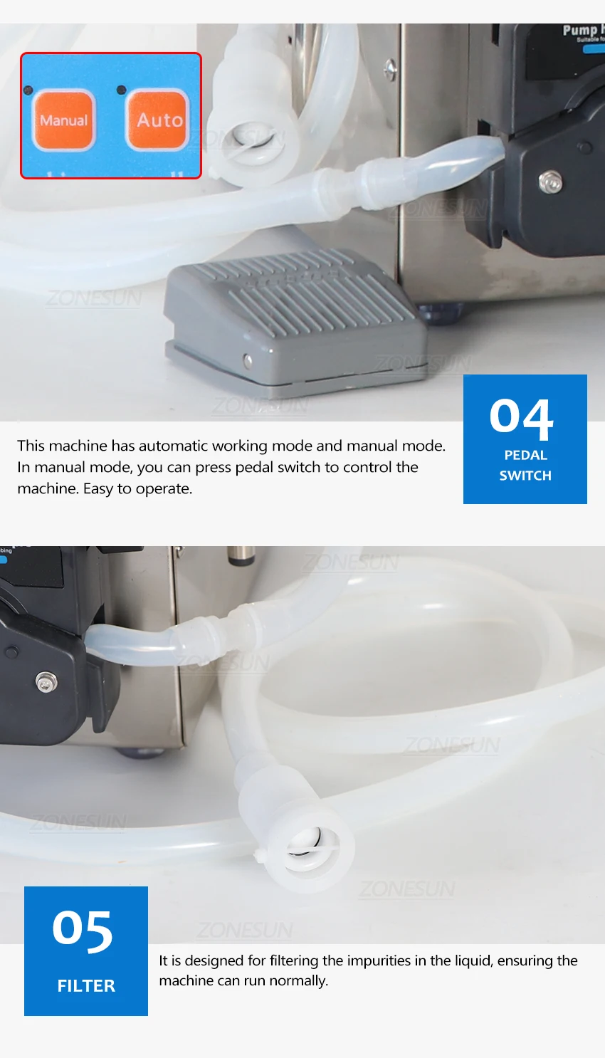 ZONESUN Semi-automatic 2 Nozzles Peristaltic Pump Liquid Filling Machine