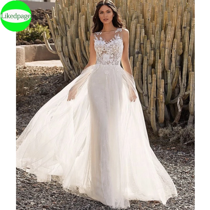 

Wedding Dress Boho Vestidos De Novia Sexy A-Line Lace Appliques Tulle Bride Gown 2021 Robe Mariage Trouwjurk Sukienka Na Wesele