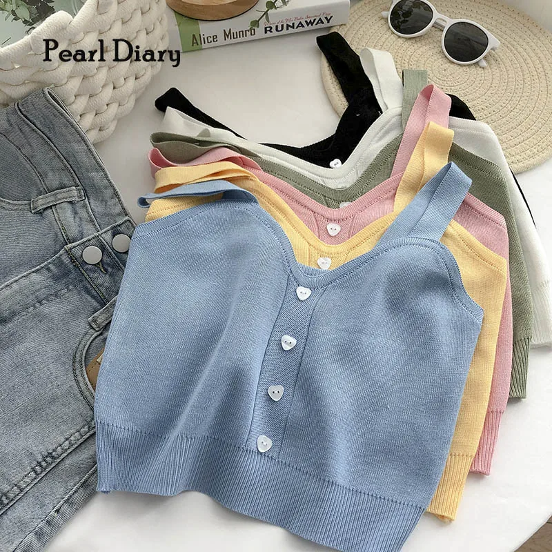 Pearl Diary Women Strappy Crop Tops Sweetheart Neckline Solid Color Cotton Going Out Tops Buttons Front Backless Sexy Summer Top