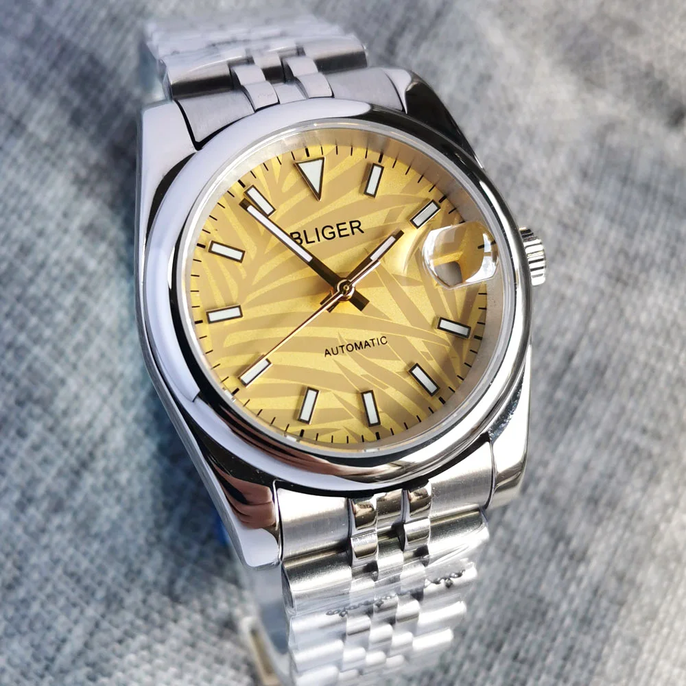 

New Arrival Sapphire Men's Automatic Watch NH35/NH35A Yellow Palm Dial Polished Bezel solid Bracelet Unisex 39mm/36mm