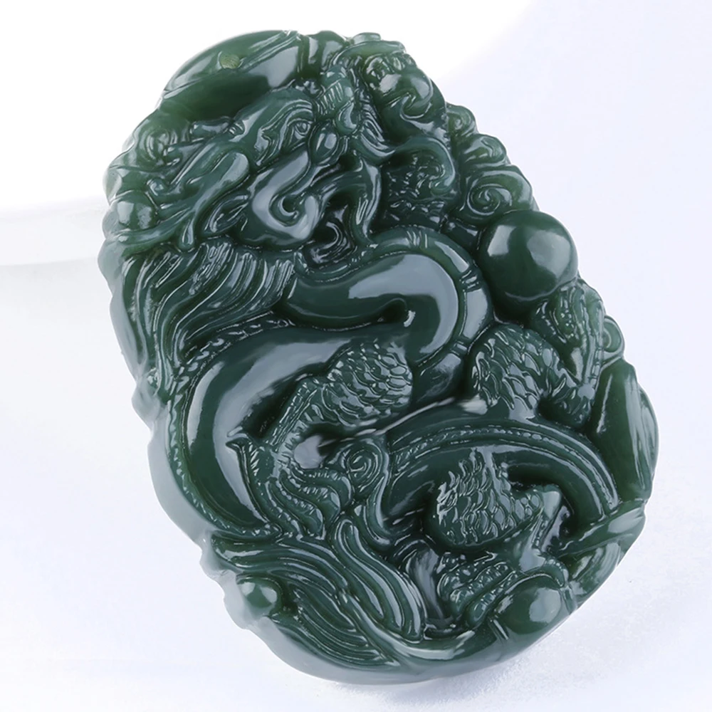 Natural Nephrite Dragon Pendant Qing Yu Dragon Necklace Quartz Crystal Jade Pendant Healing Crystal Stone Charms Jewelry Gift