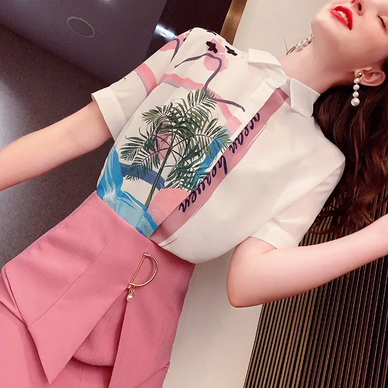 Dress Women's Summer 2021 Printed Stand Collar Shirt High Waist Skirt Reduced Age Two-piece Skirt Set Summer Women's Set