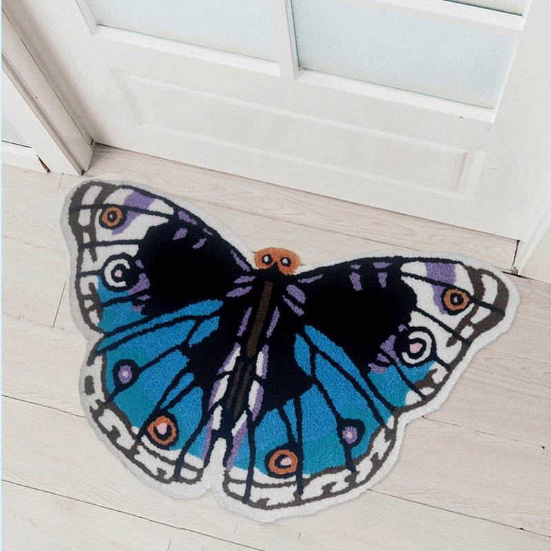 3D Butterfly Shape Carpet Living Room Anti-slip Plush Mat Bedroom Bathtub Doormat Blue Embroidery Butterfly Rugs Home Decor