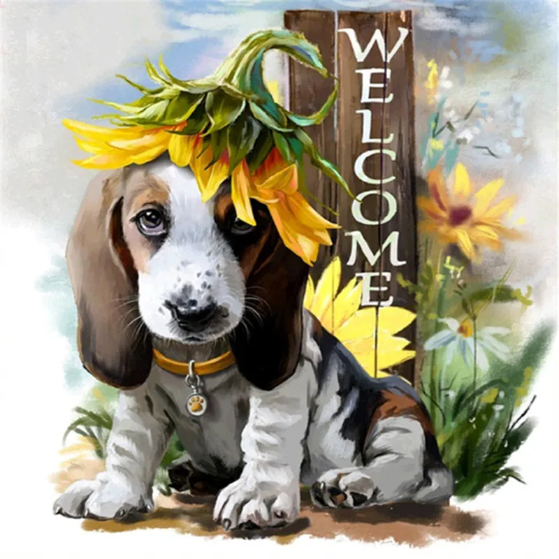 

Embroidery Kits Cross Stitch Dog with Sunflower Picture 45x45cm Home Decoration Printed For Needlework sets Animal Crossing