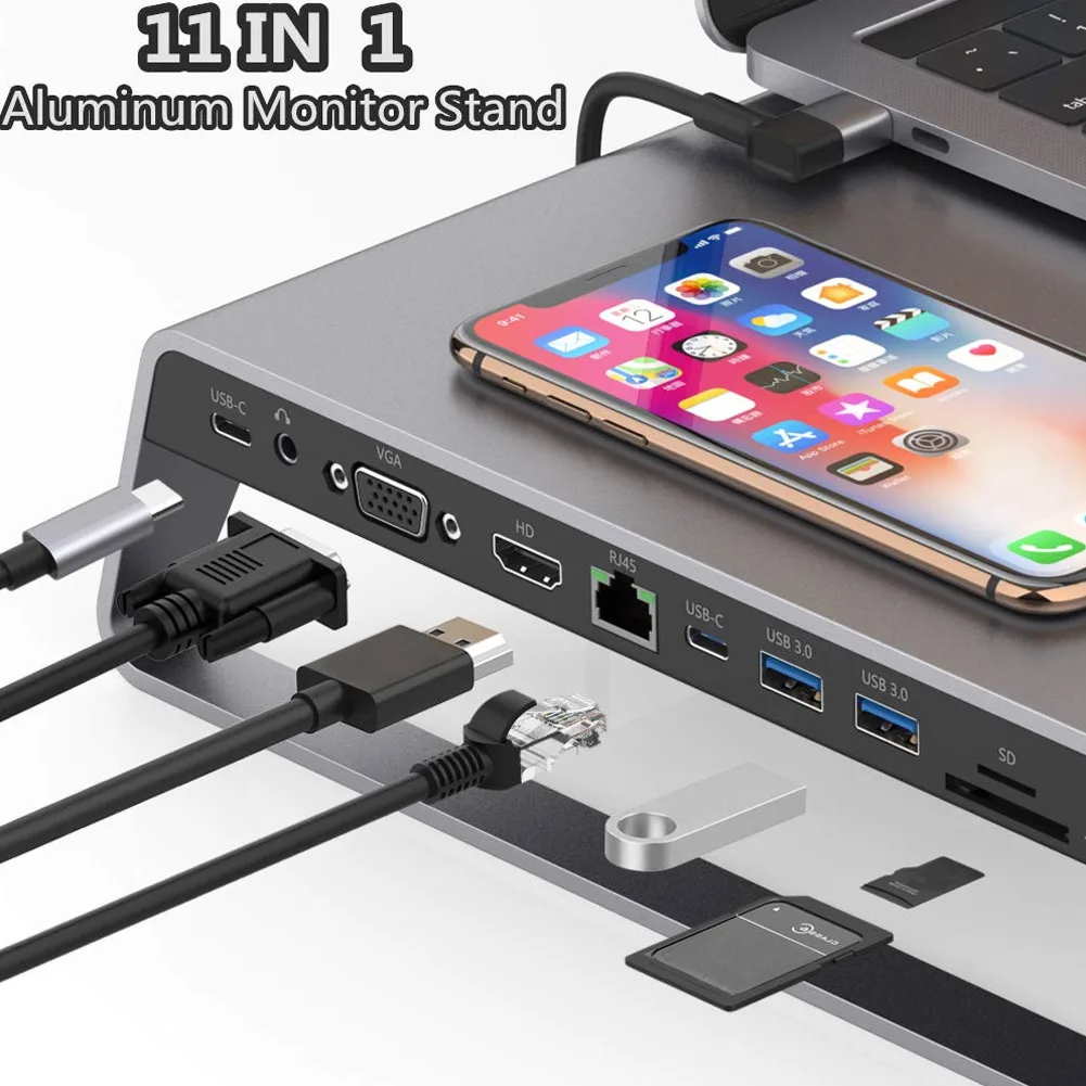 Imagem -04 - Alumínio Monitor Stand Docking Station Usb c Hub 4k Hdmi Vga tf Card Carga sem Fio Laptop Office Game