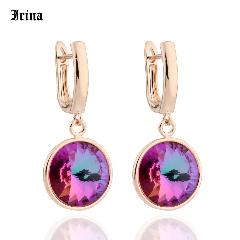 High Quality Classic 12 Color Round Crystal Drop Earrings 585 Rose Gold Color Colorful Korean Earrings for Women Wedding Jewelry