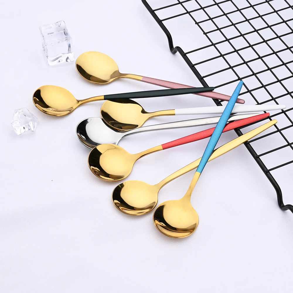 6Pcs/Set Teaspoon Stainless Steel Flatware Colorful Cake Fruit Spoons Dessert Small Coffee Spoon Snack Kitchen Dinnerware Tools