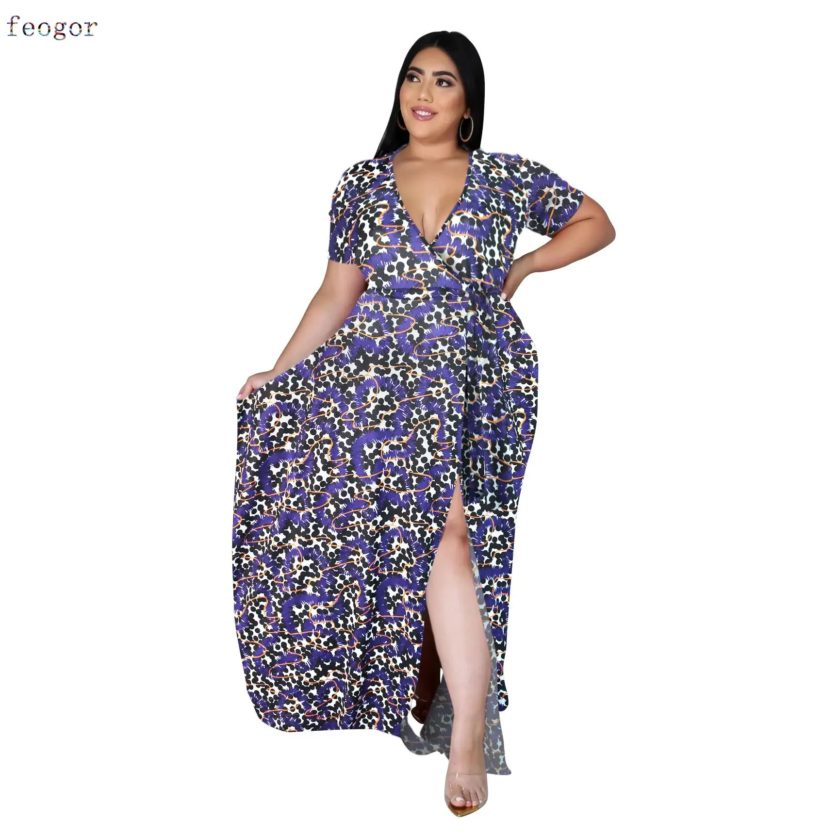 Women Clothing Casual Dresses Plus Size 2021 Autumn V-neck Split Short Sleeve Dress Bohemian Beach Print Large Swing Long Dress