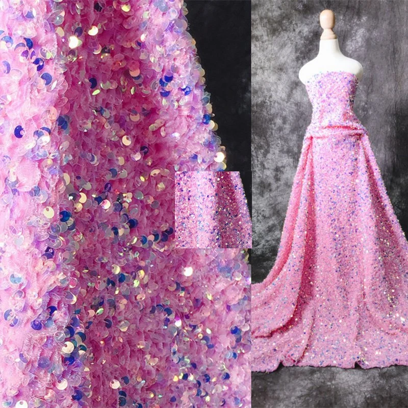 5yards Warm Velvet With Laser Sequins Pink Fabric For Autumn/winter Clothing Dress Thick Sequins Fabric