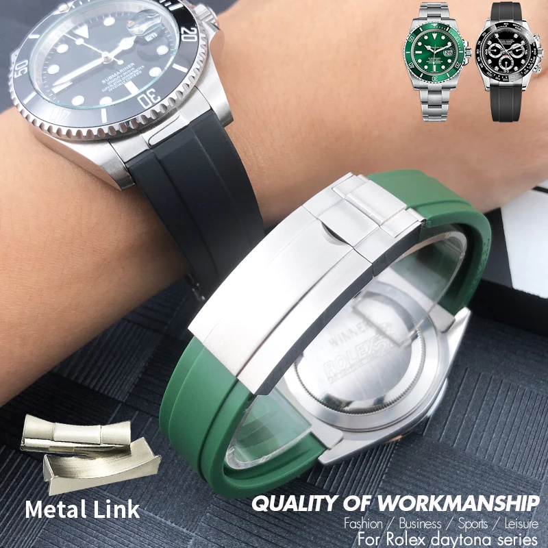 

20mm 21mm Metal Curved End Rubber Watchband Fit For Rolex GMT Silicone Sport Strap Green Submariner Daytona Yacht Master Belt