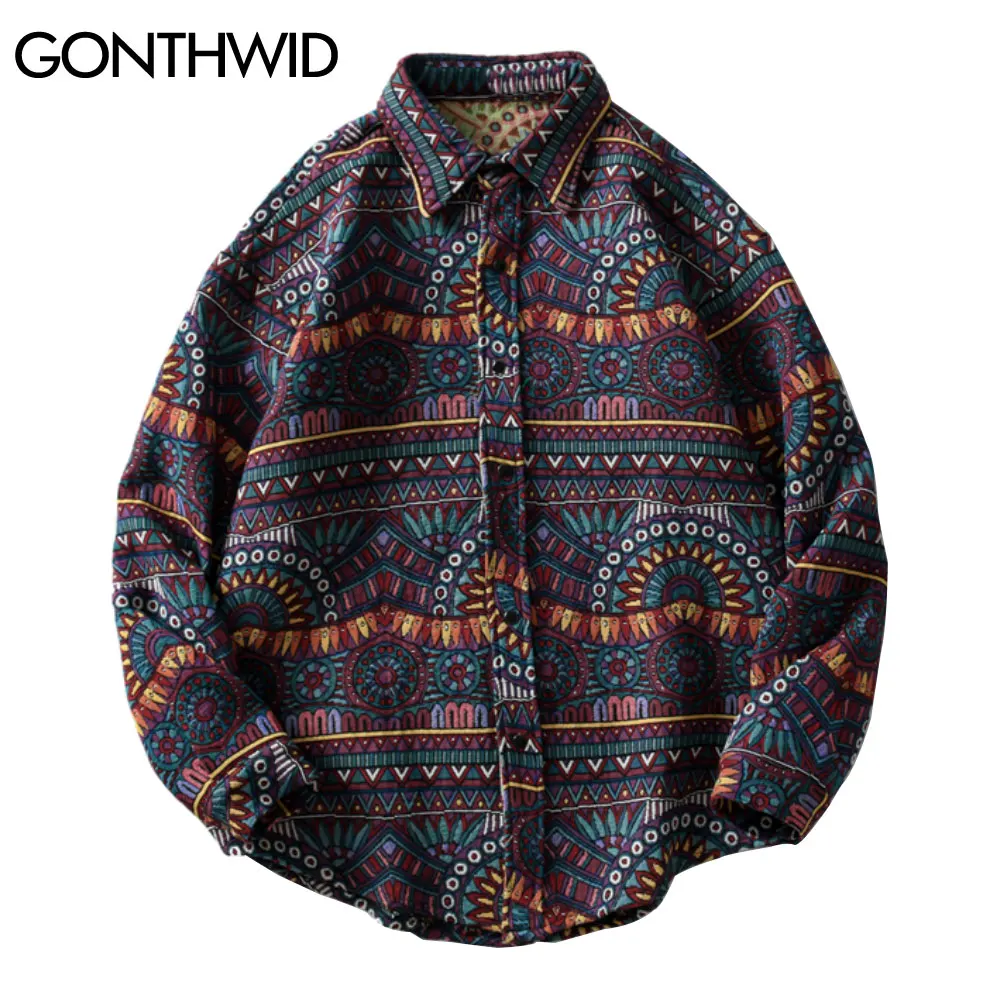 GONTHWID Knitted Shirts Harajuku Geometry Nation Style Flowers Button Shirt Streetwear Hip Hop Casual Long Sleeve Tops Coats