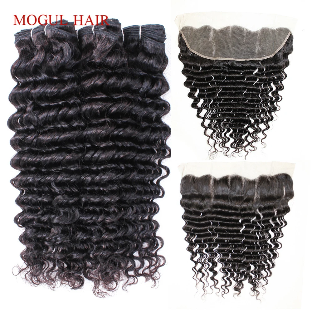 MOGUL Hair – mèches indiennes naturelles Remy, Deep Wave, couleur naturelle, 30 pouces, avec Frontal Transparent Lace Closure, partie libre, trame de cheveux