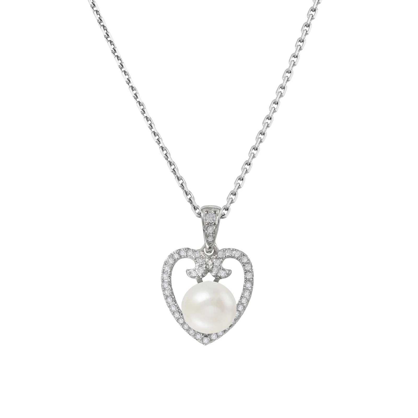 

Fashion Women's Necklace Simple Heart Shape CZ Pearl Pendant With 925 Sterling Silver O-Chain Best Jewelry Girlfriend Gifts