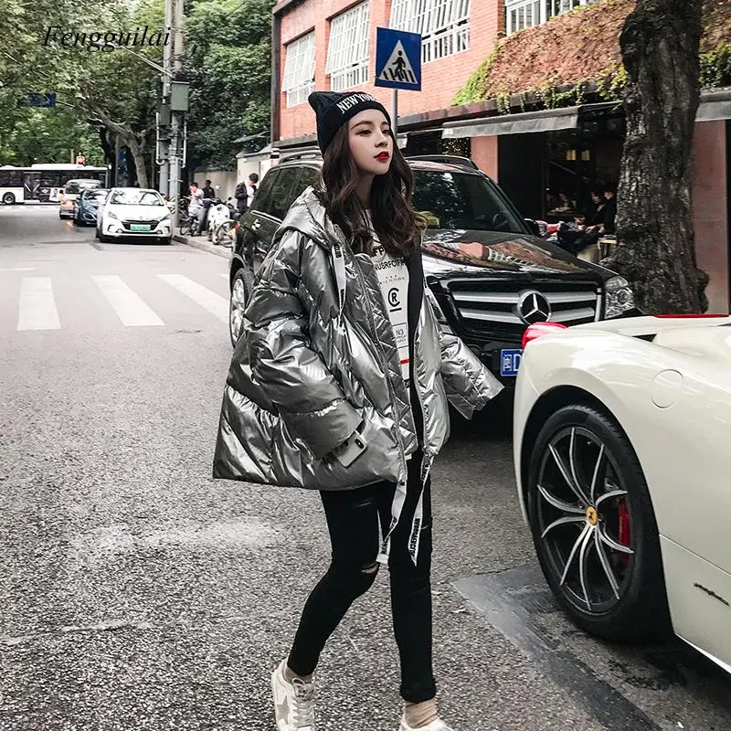 New Winter Glossy Bright Down Parka Women\'s Hooded Coat Zip Jacket Large Size Loose Winter Warm Thick Parka Women Jacket