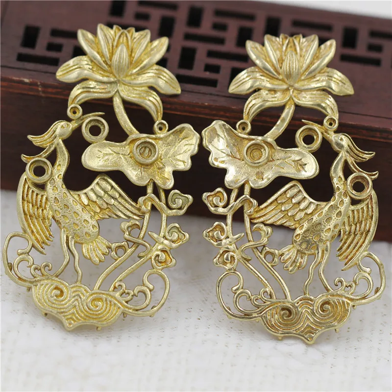 2pair Brass Casted Cranes on Lotus Flower Leaf Branch Connectors Charms Stamping Decoration High Quality Jewelry Accessories