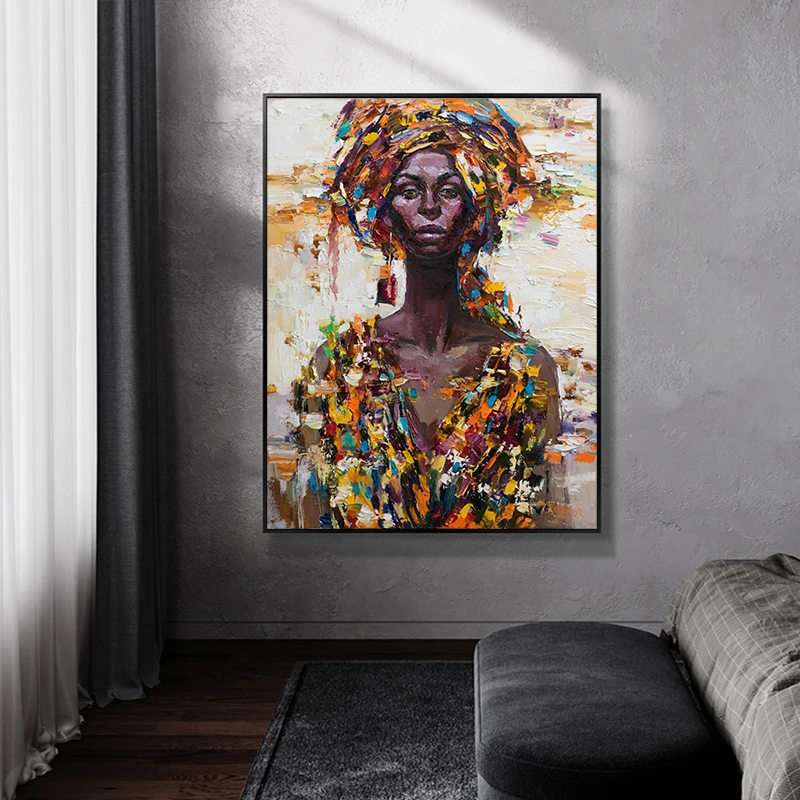 

African Old Woman Headcap Oil Painting Wall Art Canvas Scandinavian Posters and Prints Modern Wall Art Picture for Living Room