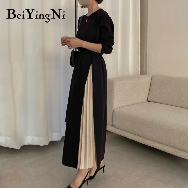 Beiyingni Stylish French Midi Dress for Women Patchwork Belted Casual Long Sleeve Knitted Women\'s Pleated Dress Sweater Dresses