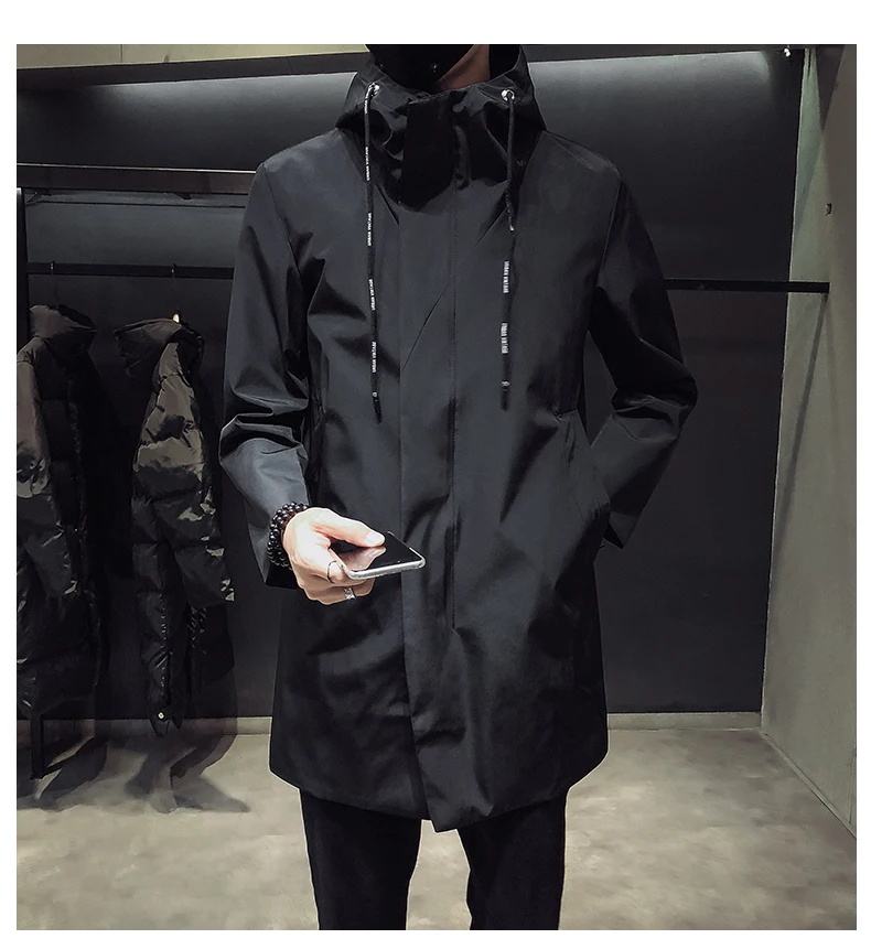 New Men\'s Black Trench Coat Hooded Windbreaker Coats M-4XL Casual Male Clothing Windproof Outwear