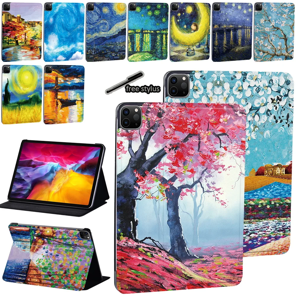 

Tablets Case for Apple IPad Air 4 2020 10.9 Inch Painting PU Leather Stand Protective Shell + Free Stylus