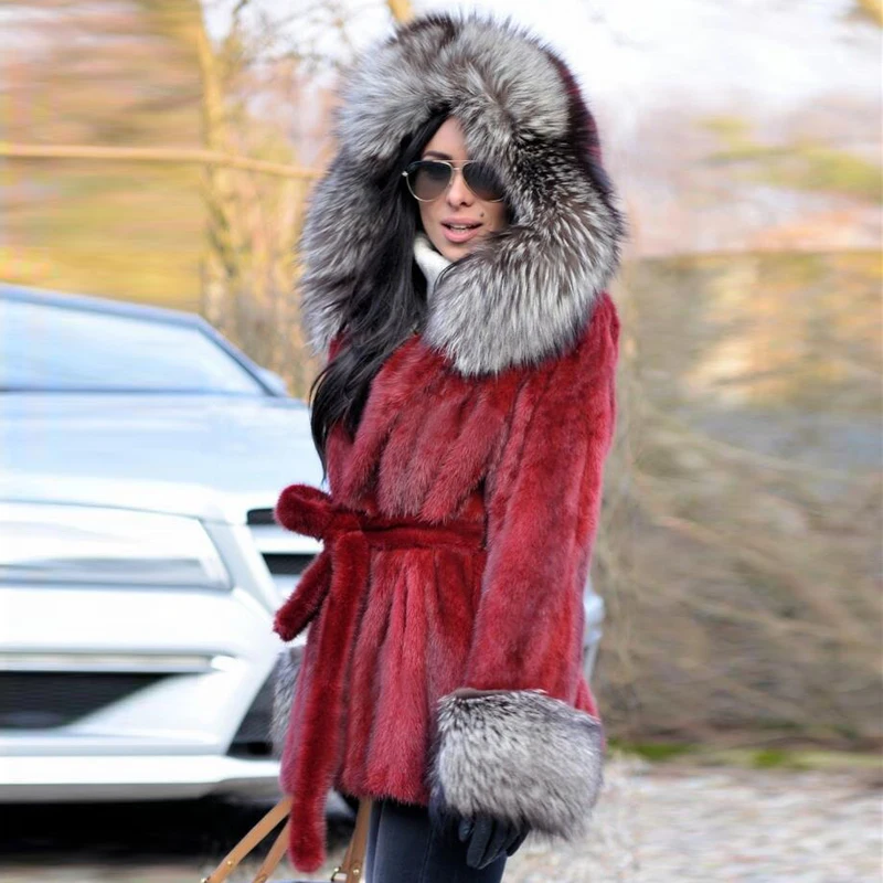 Fashion Red Real Mink Fur Jacket With Sliver Fox Fur Trim Of Hood Natural Full Pelt Genuine Mink Fur Coat With Belt Luxury Coats