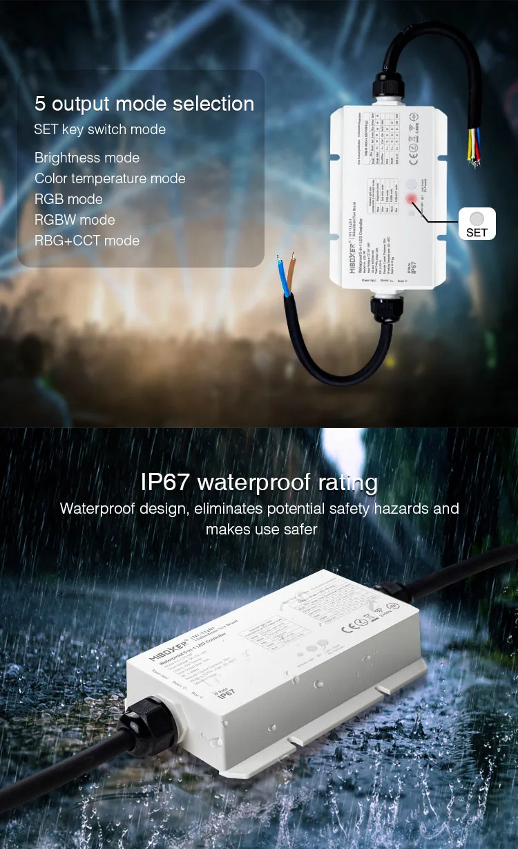 Miboxer LS2-WP 5 IN 1 Smart Led Controller LS2 IP67 Waterproof DC12V 24V For Single Color /CCT/RGB/RGBW/RGB+CCT Led Strip Light