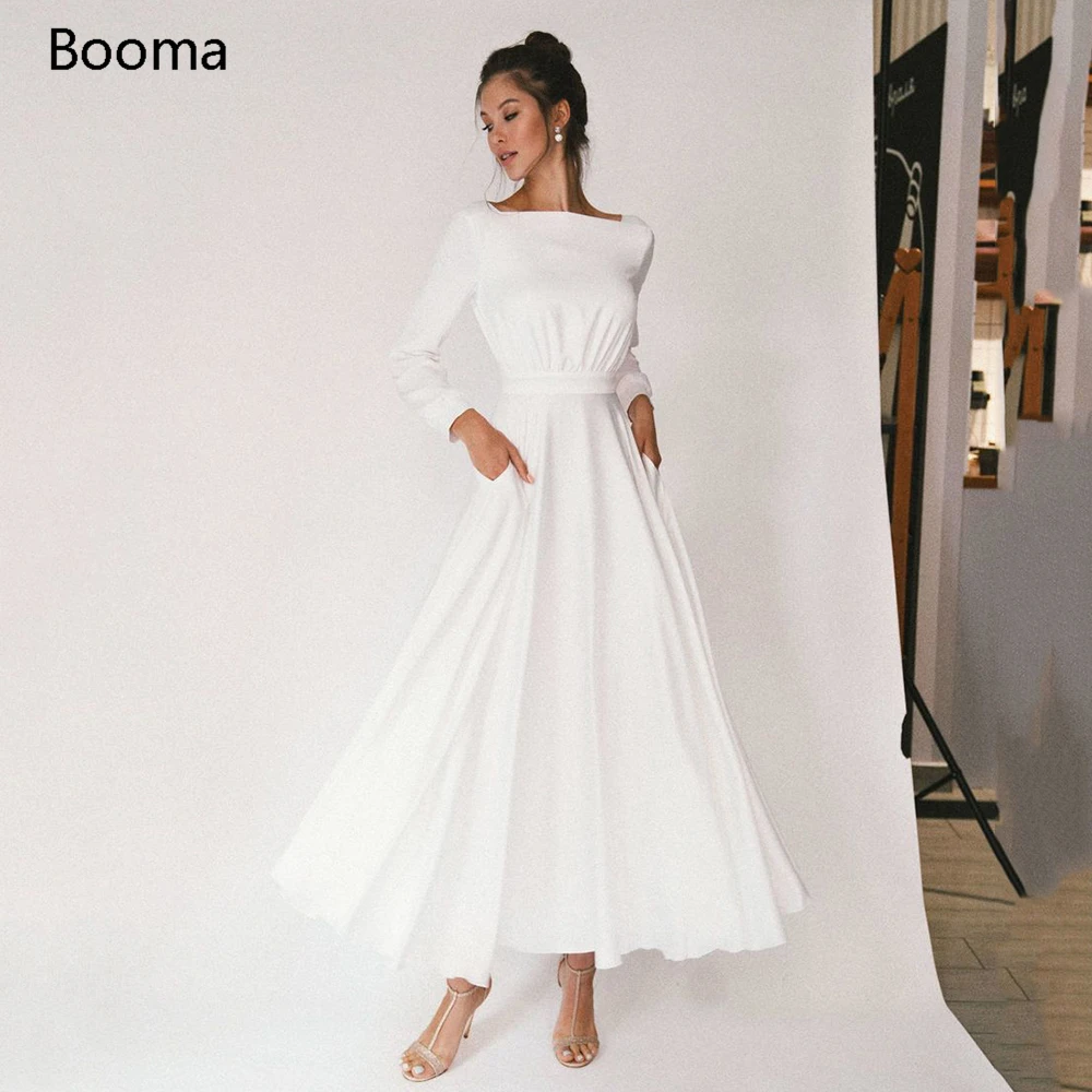 Simple Square Short Wedding Dresses Long Sleeves Ankle-Length A-Line Bride Dresses Pleated Wedding Gowns with Pockets