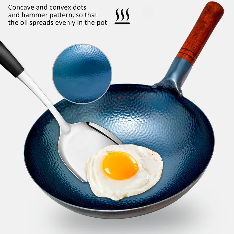 Hammered Cast Iron Wok,Carbon Steel Round Bottom Wok ,Blue Kitchen Cookware,Beech Handle Uncoated Non-stick Pan for Gas Stoves