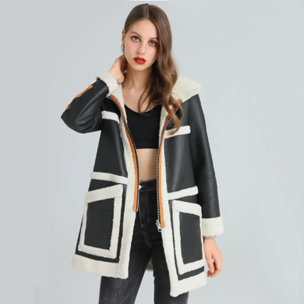 Hooded Long Real Fur Coat For Women Thicken Warm Red Sheepskin Shearling Clothing Long Genuine Leather Outerwear