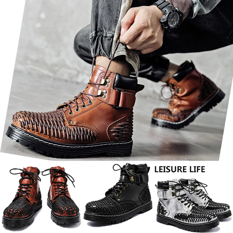 Men\'s Genuine Leather Ankle Boots Punk Gothic Boots Red Round Toe Vintage Style Punk Boots Casual knit Shoes Motorcycle Boots