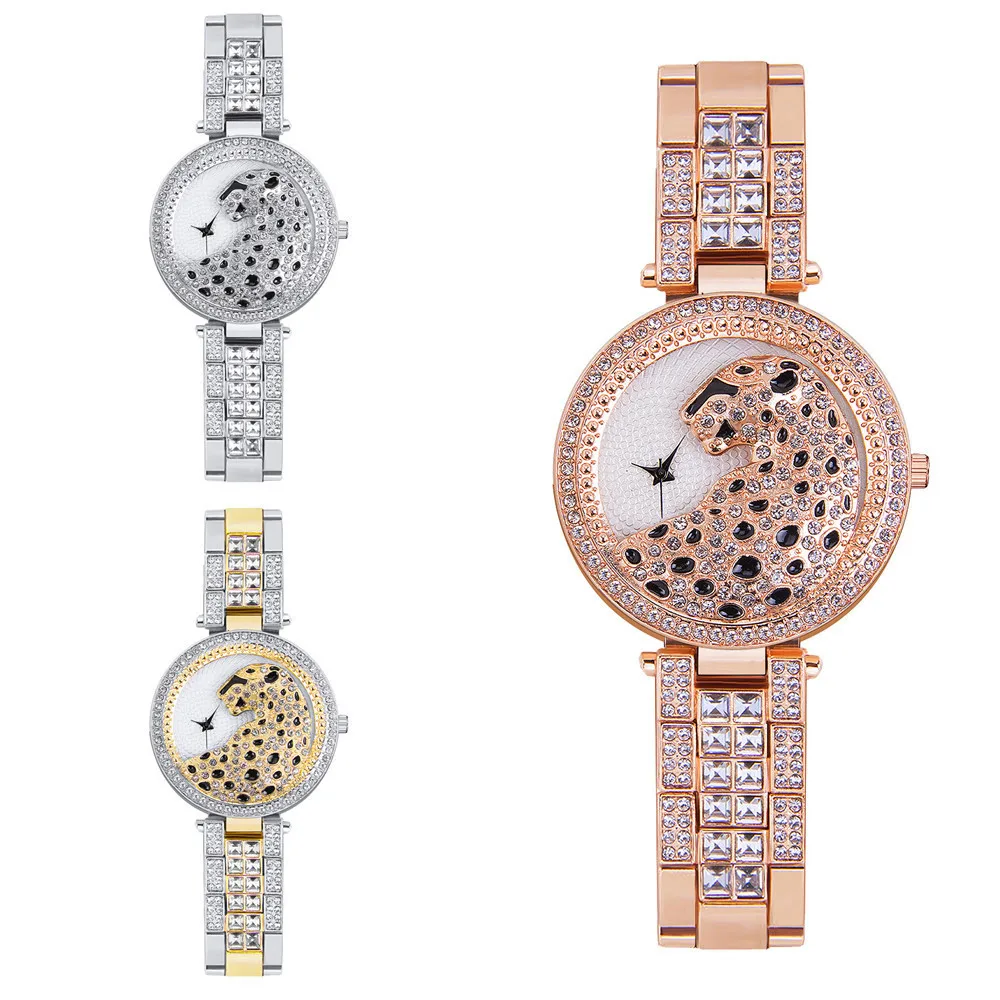 Women Luxury Full Crystal Quartz Watch 2021 Fashion 3D Leopard Dial Stainless Steel Bracelet Wristwatch Female Clock Reloj Mujer