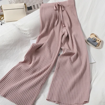 Pants Women Wide Leg Elastic Waist Pleated Knitted Solid Simple Casual Ankle-Length Korean Fashion Trendy Daily All-match Womens