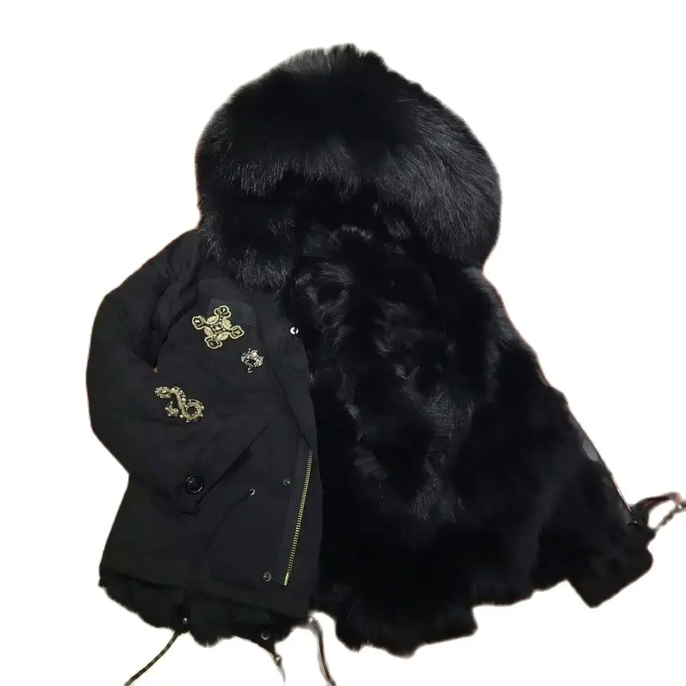 Hottest Black FOX Fur Lining Short Fur Parka For Ladies Winter Wear, Black Shell Real Fur Down Jacket MR MRS