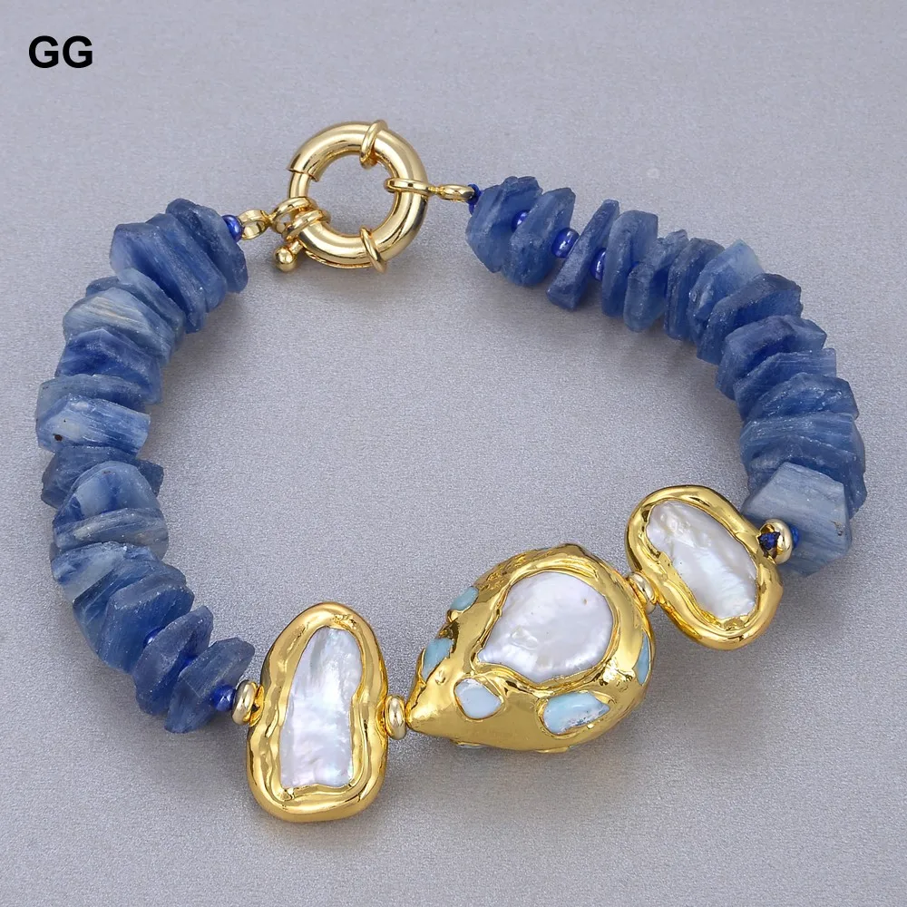 

GuaiGuai Jewelry Natural Blue Kyanite Rondelle Rough Cultured White Pearl Blue Larimar Bracelet For Women