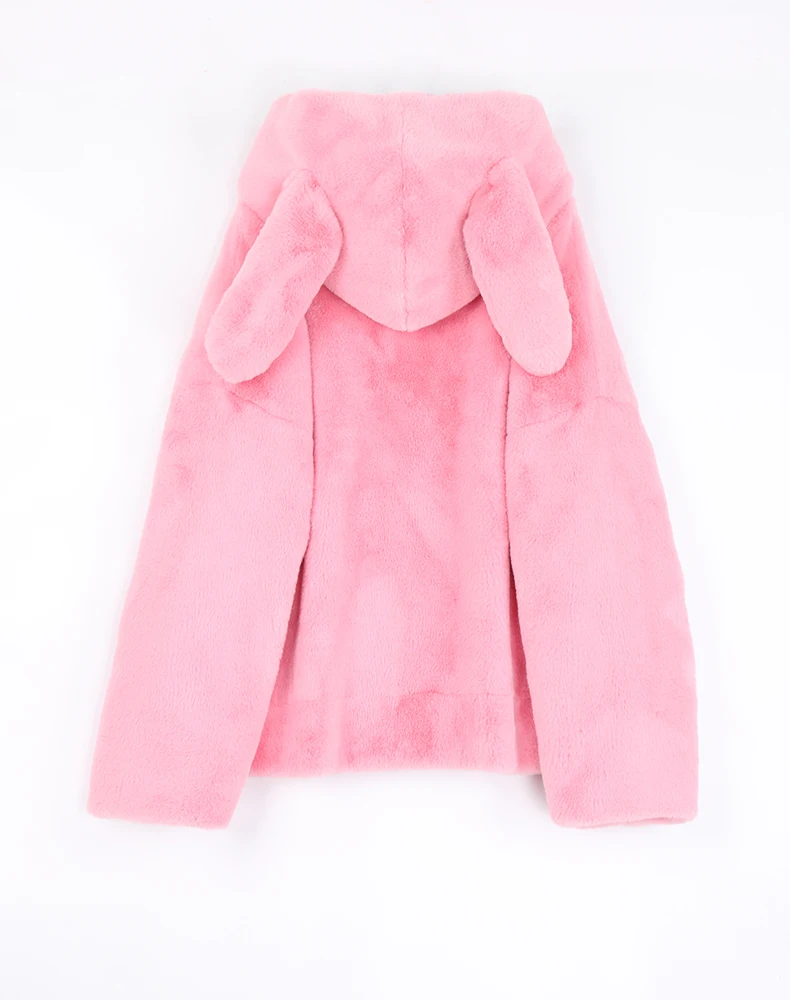 Nerazzurri Spring Fluffy Jacket with Rabbit Ears Raglan Sleeve Zipper Oversize Light Soft Harajuku Kawaii Faux Fur Hoodie 2021