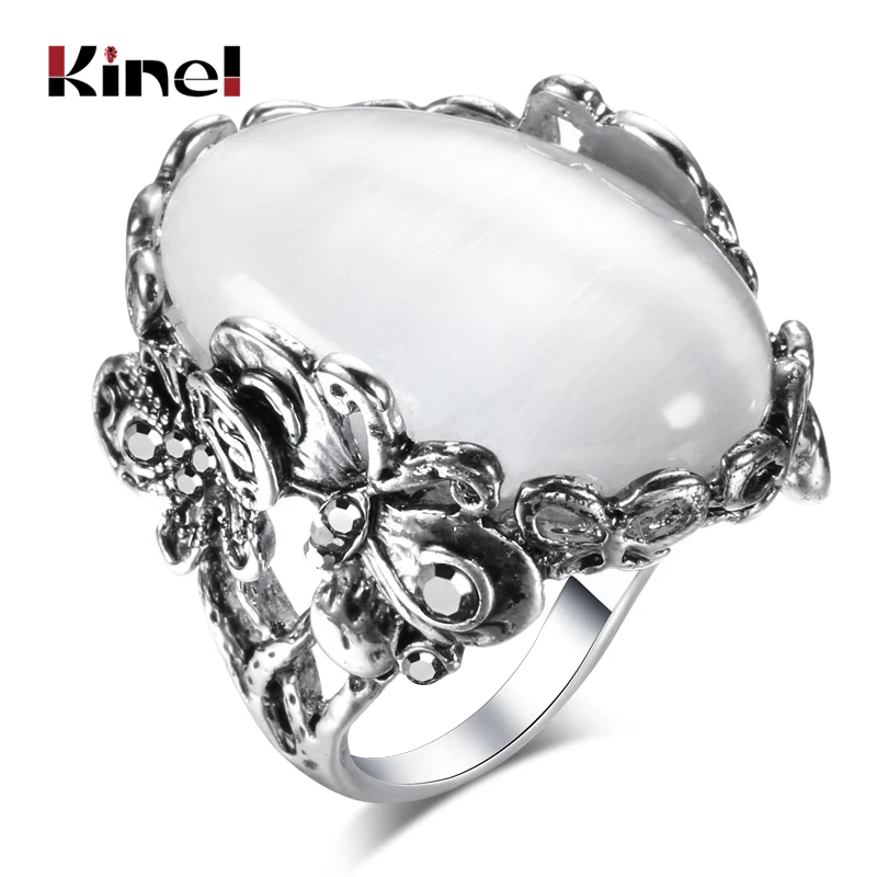 Kinel Vintage Big Oval Opal Stone Butterfly Ring For Women Silver Color Band Wedding Bride Jewelry Crystal Gift 2020 New