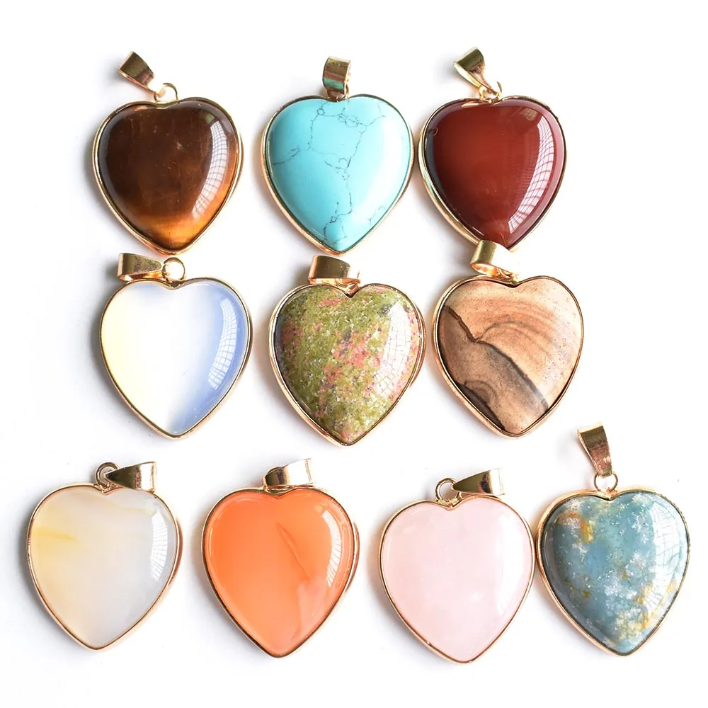 wholesale 10pcs/lot fashion good quality  natural stone mixed gold color lside heart pendants 25mm for jewelry making free