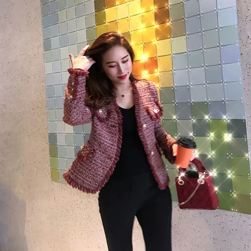 New Women Retro Elegant Red Plaid Office Jacket Coat Autumn Slim Lady Tassel Pearl Metal Single-Breasted Tweed Short Tops Coat