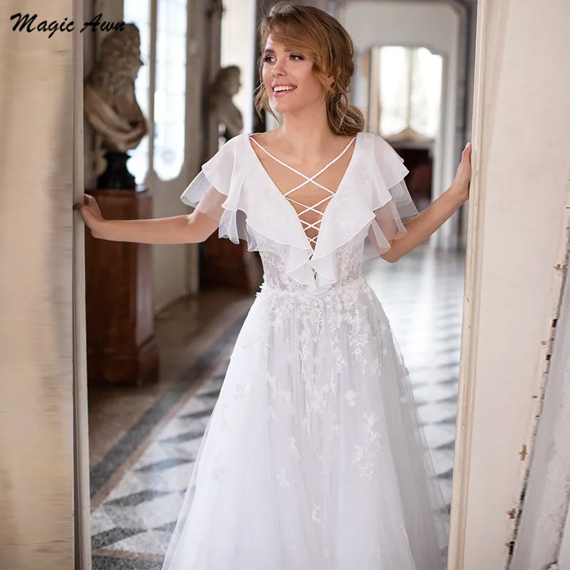 Magic Awn-vestidos de Novia de princesa, Apliques de encaje para playa, corsé de ilusión en la espalda, vestidos de Novia bohemios, línea A, Vestido blanco de Novia