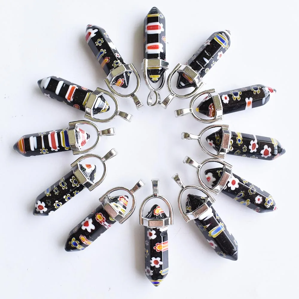 Großhandel 24 Stück/Set Farbige Glasblumen Sechseckige Säulenperlen Halsketten-Anhänger für Damen Modeschmuck Kostenloser Versand – Detail 4