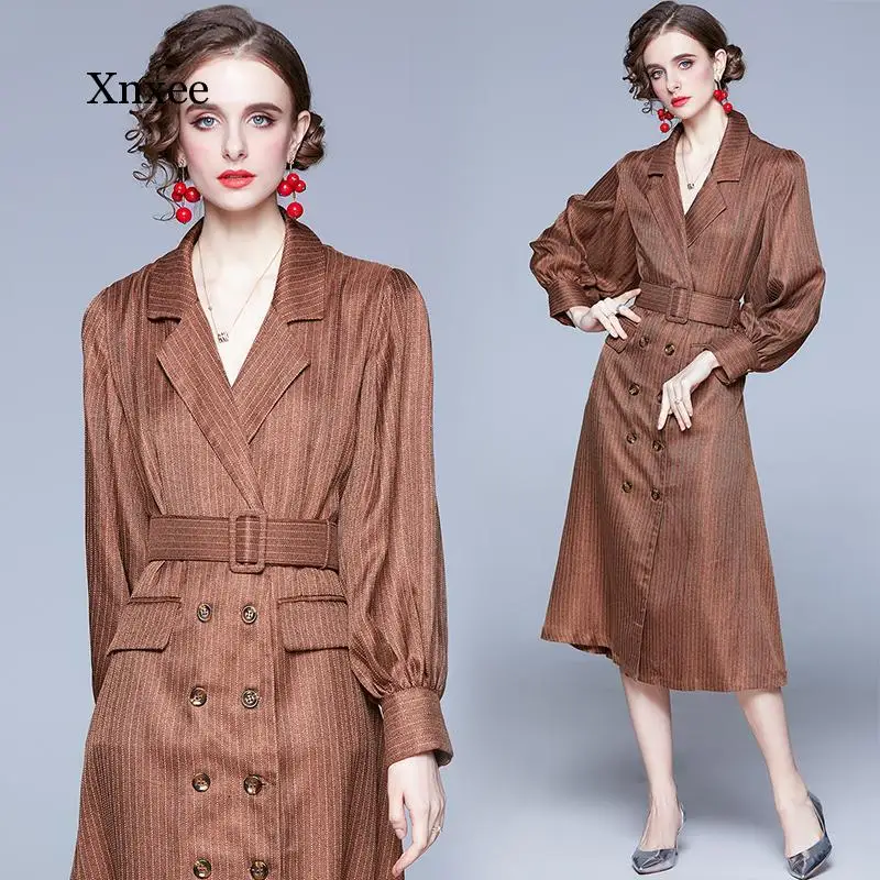 Spring Autumn Winter Notched Collar Dress Elegant Women Double-Breasted Striped Lantern Sleeve Vintage Belt Long Dress Vestidos