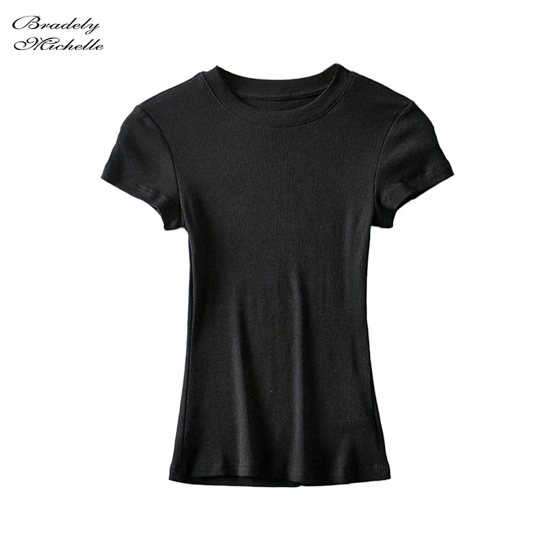 BRADELY MICHELLE Summer Women Basic O-neck Short-sleeve T-shirt Slim Elastic Basic Tees