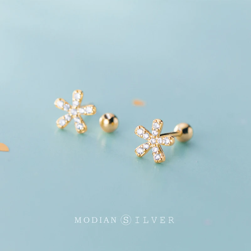 

Modian Real Sterling Silver 925 Classic Flower Stud Eearrings for Women Clear CZ Gold Color Ear Pins Studs Fine Charm Jewelry