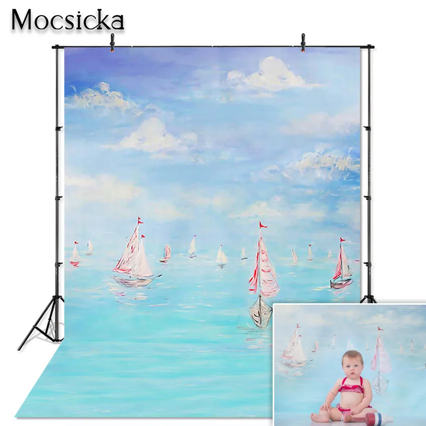 

Mocsicka Newborn Photography Backdrop Boat Blue Sea Navigation Baby Birthday Photoshoot Background for Photo Studio Photocall