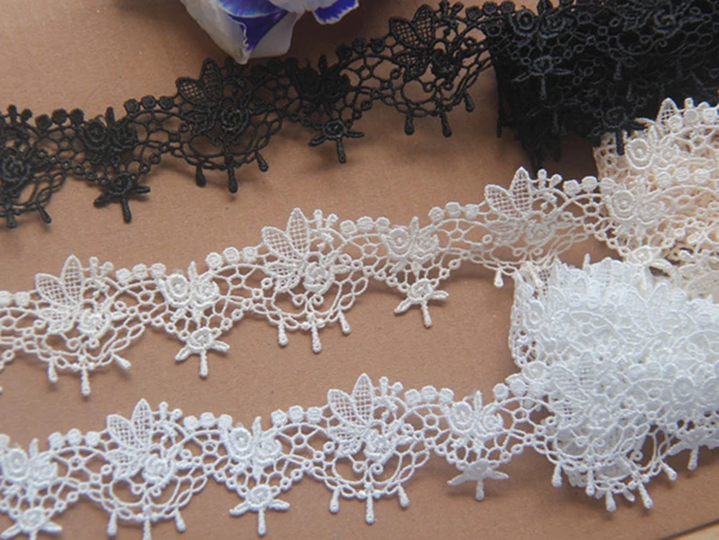 10Yds Delicate Water Soluble Lace Trim Rose Flower Patch Applique White Black Tassel Fringe DIY Craft Sewing Supplies