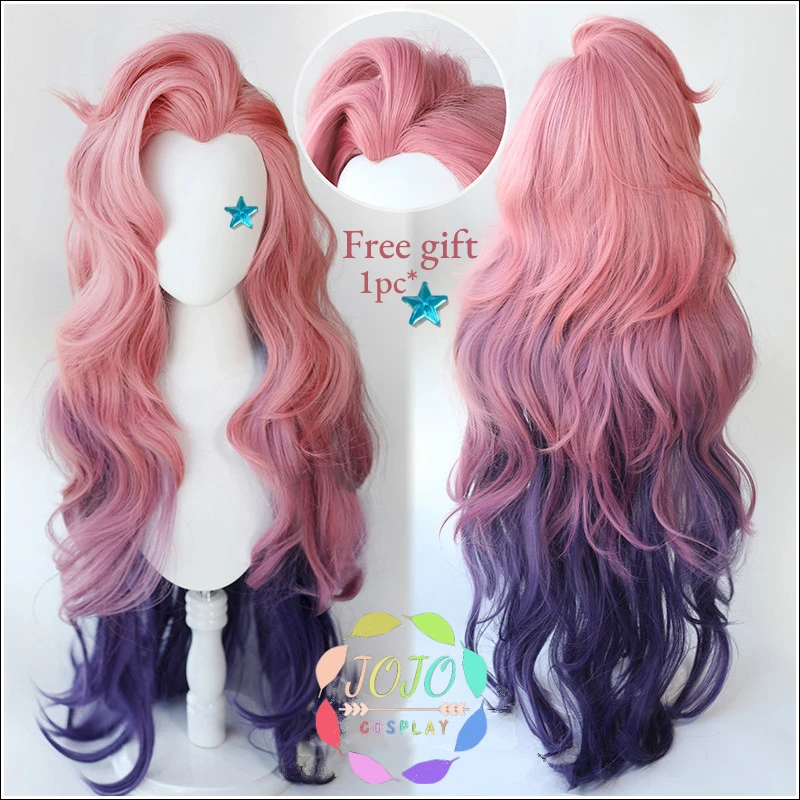 Game LOL Seraphine Pink Purple Gradient Wavy Long Cosplay Heat Resistant Synthetic Hair Carnival Halloween Party + Free Wig Cap