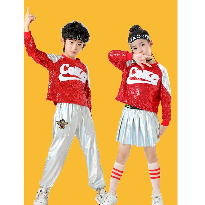 Child Hip Hop Street Dance Jazz Clothes Suit Skirt Shirt Performance Thicken Velvet Sportswear Shiny Cool Winter Warm Fashion