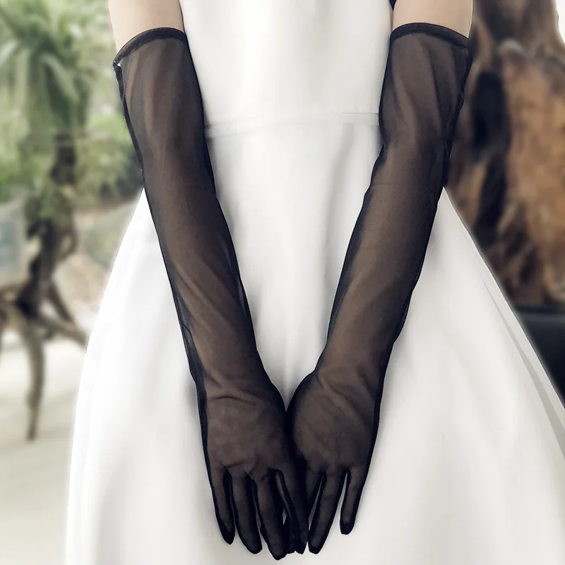 

55cm Sexy Lace White Black Net Yarn Mesh Breathable Thin Long Gloves Hollow Transparent Summer Sunscreen Soft Drive Gloves