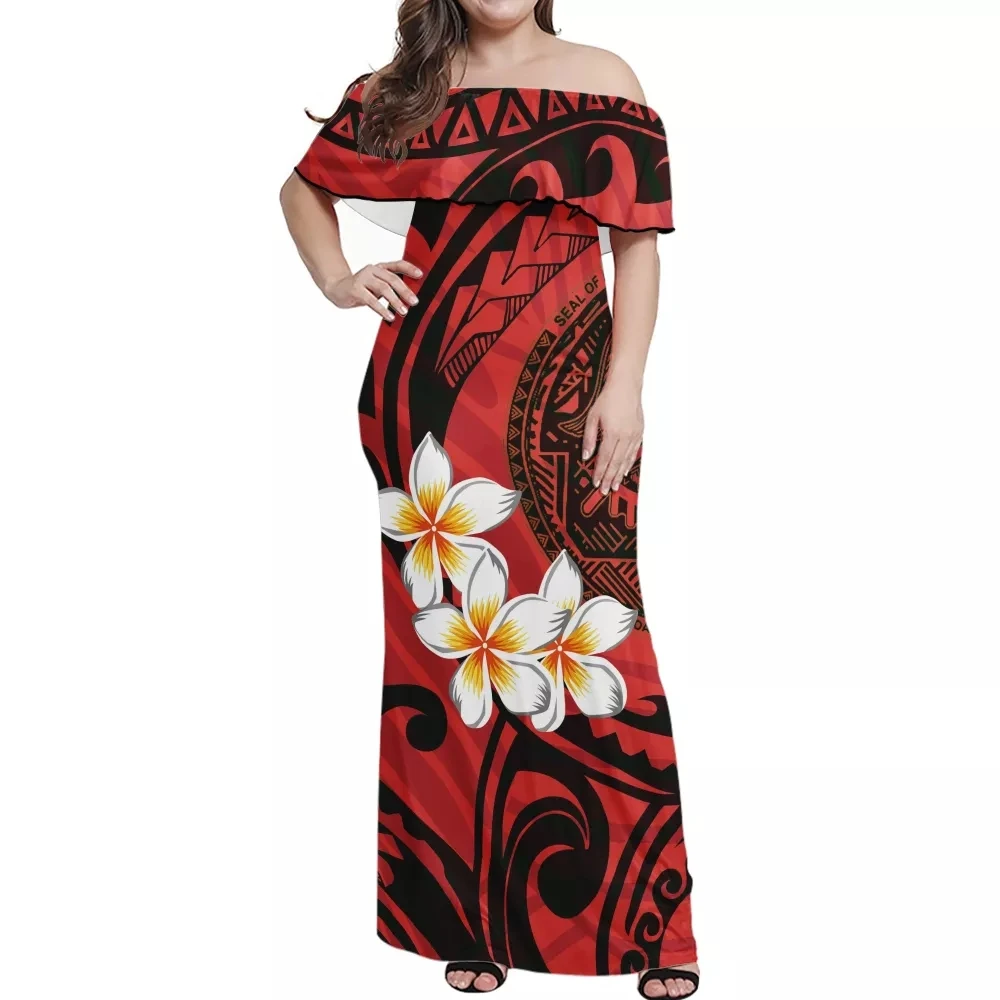 Hycool 7XL Red Samoa Dress Polynesian Tribe Hibiscus Print Strapless Maxi Casual Dress Ladies Ruffl Off Shoulder Sundress Summer